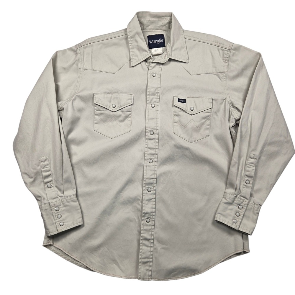 Vintage Wrangler Western Shirt Mens L Gray Pearl Snap Cotton Twill Heavy Duty